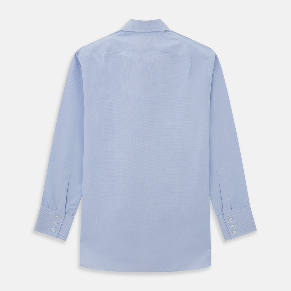 Turnbull & Asser's BLUE MULTI-CHECK COTTON REGULAR FIT SHIRT features a light blue check pattern, pointed collar, and white buttons—an essential classic for any men's wardrobe.