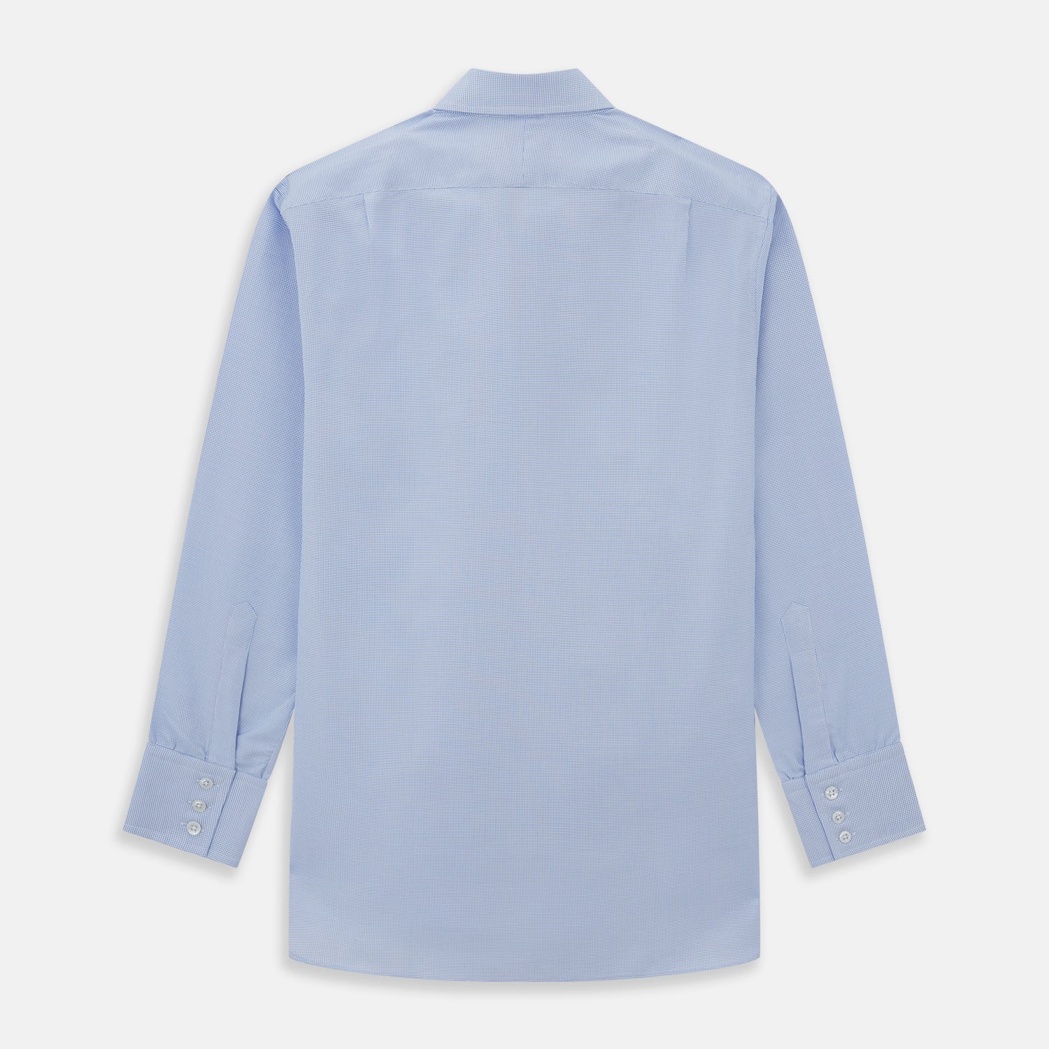 View 4 of product Turnbull & Asser's BLUE MULTI-CHECK COTTON REGULAR FIT SHIRT features a light blue check pattern, pointed collar, and white buttons—an essential classic for any men's wardrobe.