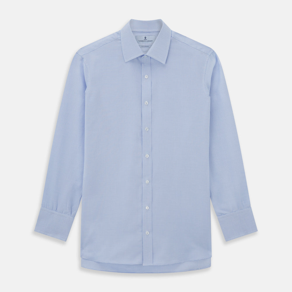 Turnbull & Asser's BLUE MULTI-CHECK COTTON REGULAR FIT SHIRT features a light blue check pattern, pointed collar, and white buttons—an essential classic for any men's wardrobe.