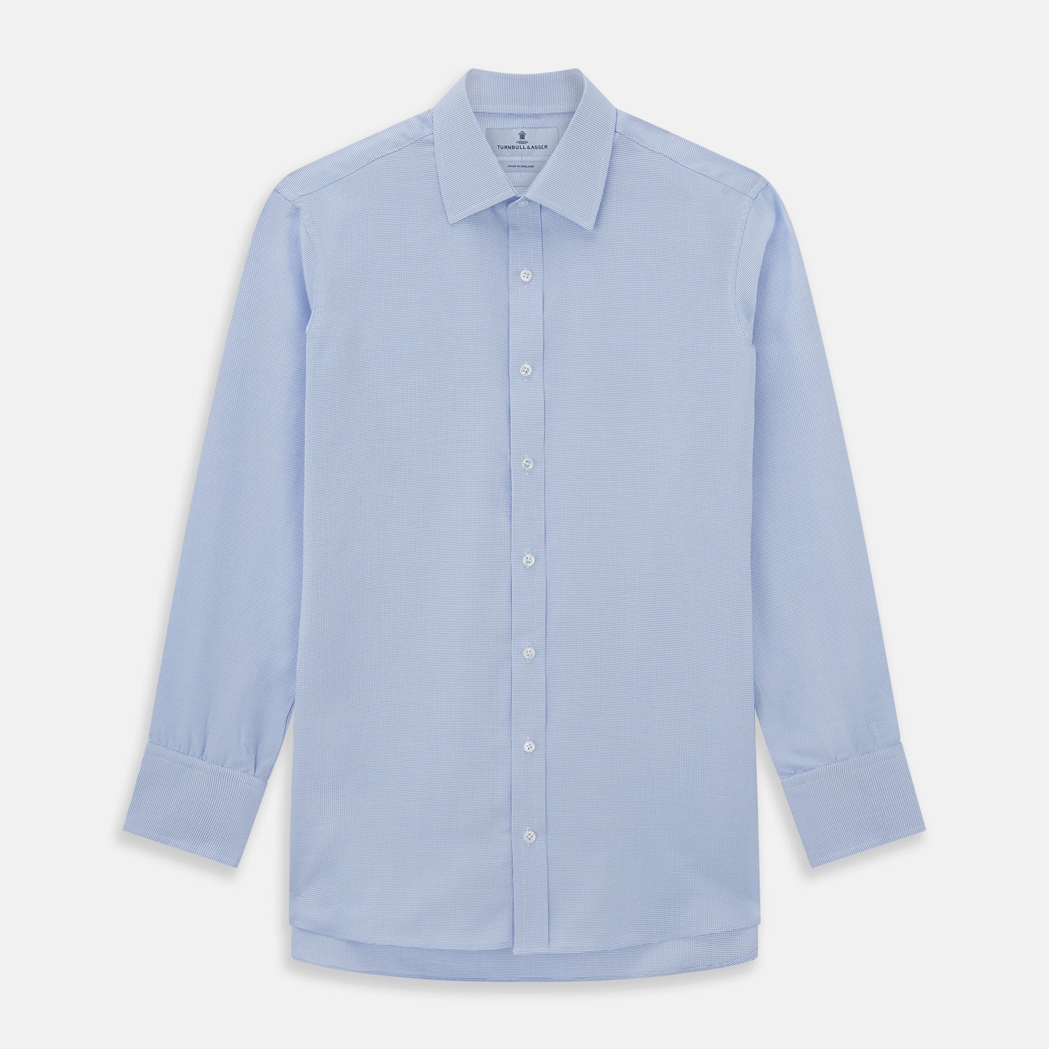 View 1 of product Turnbull & Asser's BLUE MULTI-CHECK COTTON REGULAR FIT SHIRT features a light blue check pattern, pointed collar, and white buttons—an essential classic for any men's wardrobe.