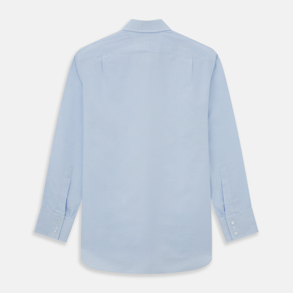 The Turnbull & Asser PALE BLUE MULTI-CHECK REGULAR FIT SHIRT features long sleeves, a pointed collar, and white buttons—a timeless essential for any men's wardrobe, shown laid flat on a white background.