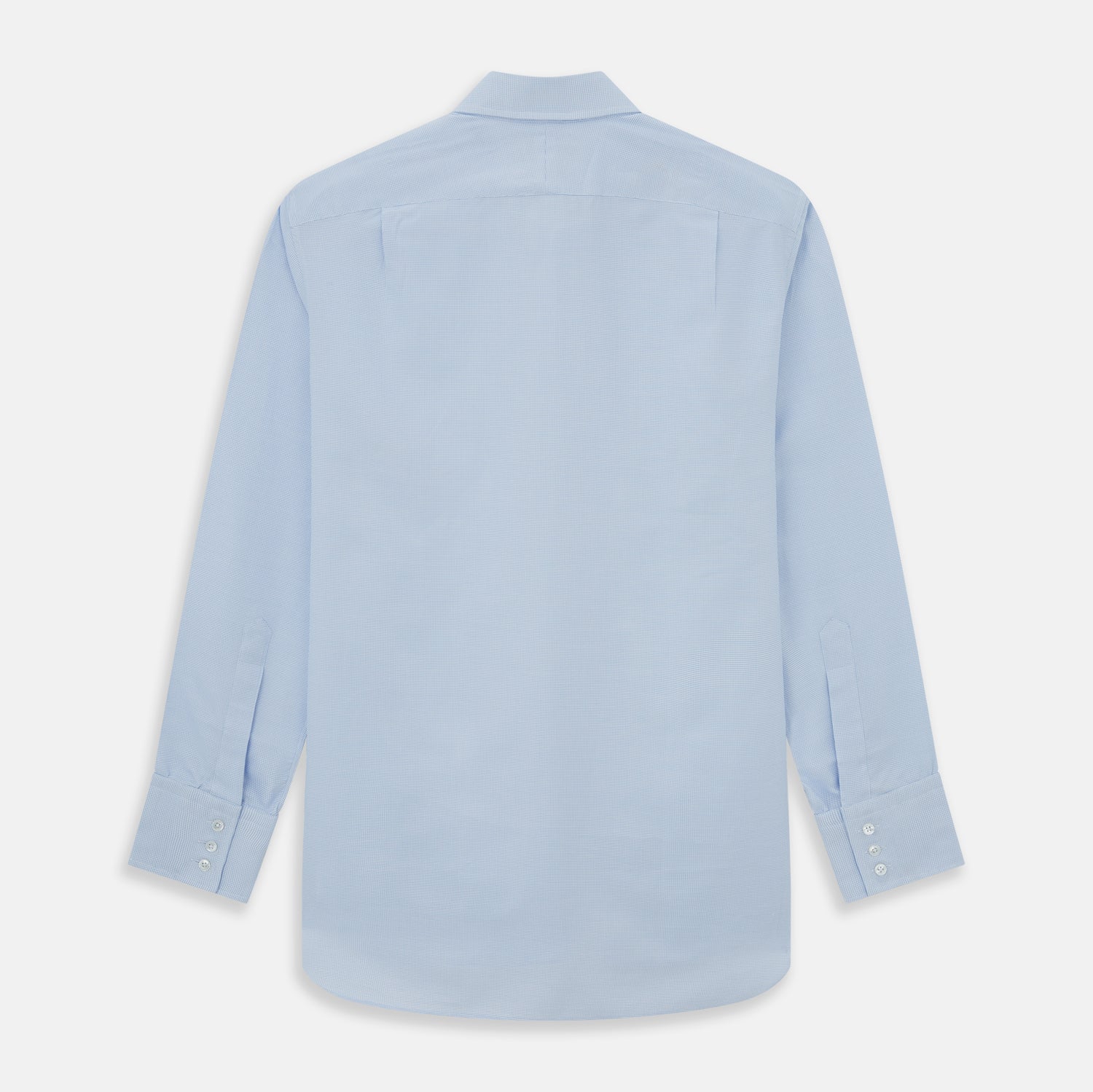 View 2 of product The Turnbull & Asser PALE BLUE MULTI-CHECK REGULAR FIT SHIRT features long sleeves, a pointed collar, and white buttons—a timeless essential for any men's wardrobe, shown laid flat on a white background.