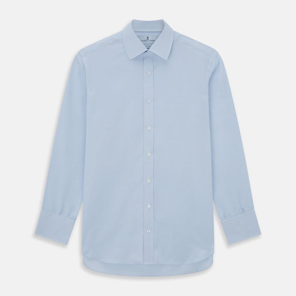 The Turnbull & Asser PALE BLUE MULTI-CHECK REGULAR FIT SHIRT features long sleeves, a pointed collar, and white buttons—a timeless essential for any men's wardrobe, shown laid flat on a white background.