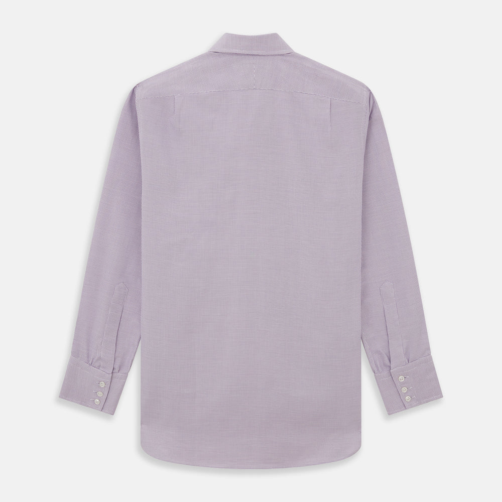 The Turnbull & Asser LILAC MULTI-CHECK COTTON REGULAR FIT SHIRT features long sleeves, a pointed collar, and white buttons—an essential men's wardrobe piece, shown laid flat on a white background.