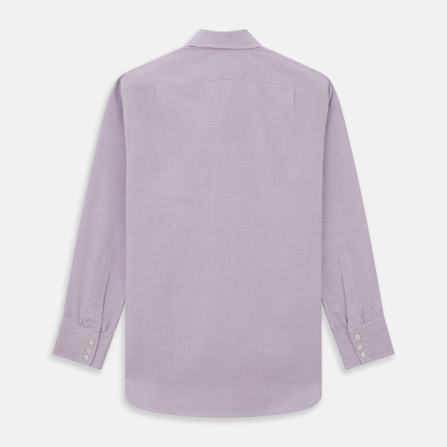 View 4 of product The Turnbull & Asser LILAC MULTI-CHECK COTTON REGULAR FIT SHIRT features long sleeves, a pointed collar, and white buttons—an essential men's wardrobe piece, shown laid flat on a white background.