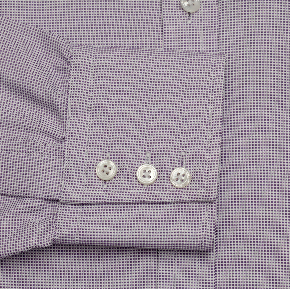 The Turnbull & Asser LILAC MULTI-CHECK COTTON REGULAR FIT SHIRT features long sleeves, a pointed collar, and white buttons—an essential men's wardrobe piece, shown laid flat on a white background.