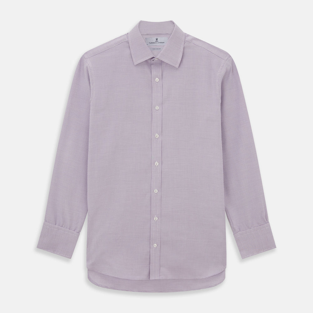 The Turnbull & Asser LILAC MULTI-CHECK COTTON REGULAR FIT SHIRT features long sleeves, a pointed collar, and white buttons—an essential men's wardrobe piece, shown laid flat on a white background.