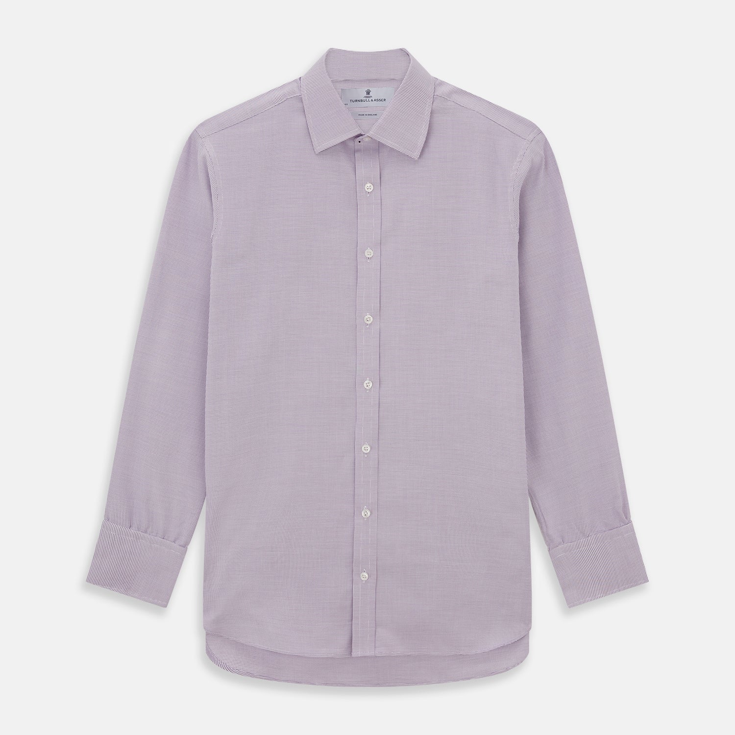 View 1 of product The Turnbull & Asser LILAC MULTI-CHECK COTTON REGULAR FIT SHIRT features long sleeves, a pointed collar, and white buttons—an essential men's wardrobe piece, shown laid flat on a white background.