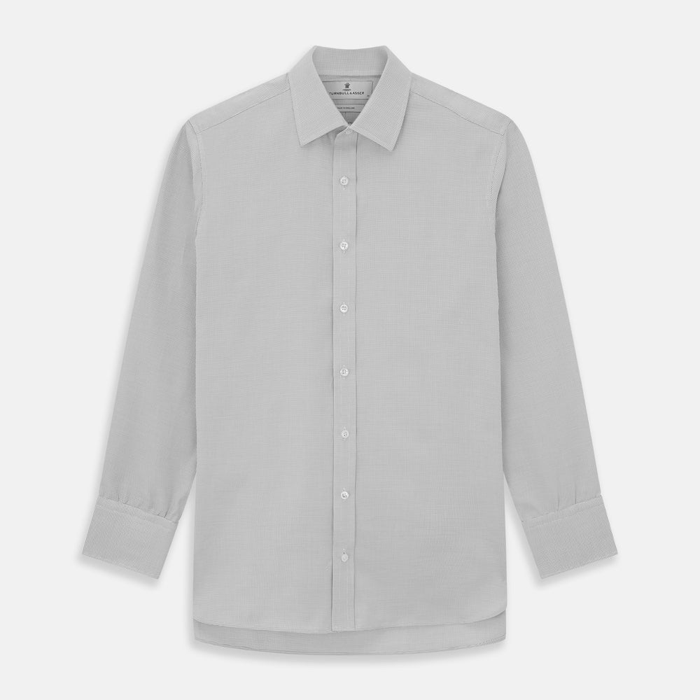 The Turnbull & Asser Silver Multi-Check Cotton Regular Fit Shirt features light gray cotton, a classic collar, buttoned cuffs, and a subtle silver check pattern—an essential for any men's wardrobe, shown flat on a white background.