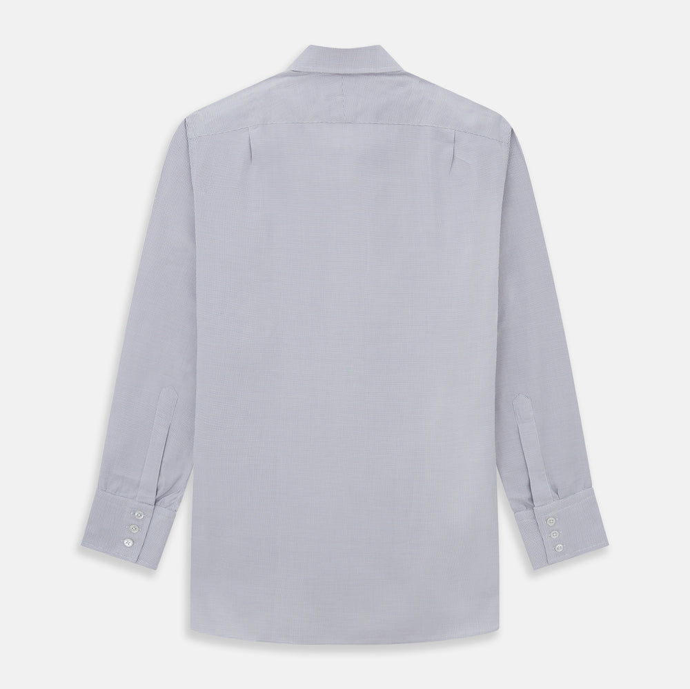 The Turnbull & Asser Silver Multi-Check Cotton Regular Fit Shirt features light gray cotton, a classic collar, buttoned cuffs, and a subtle silver check pattern—an essential for any men's wardrobe, shown flat on a white background.