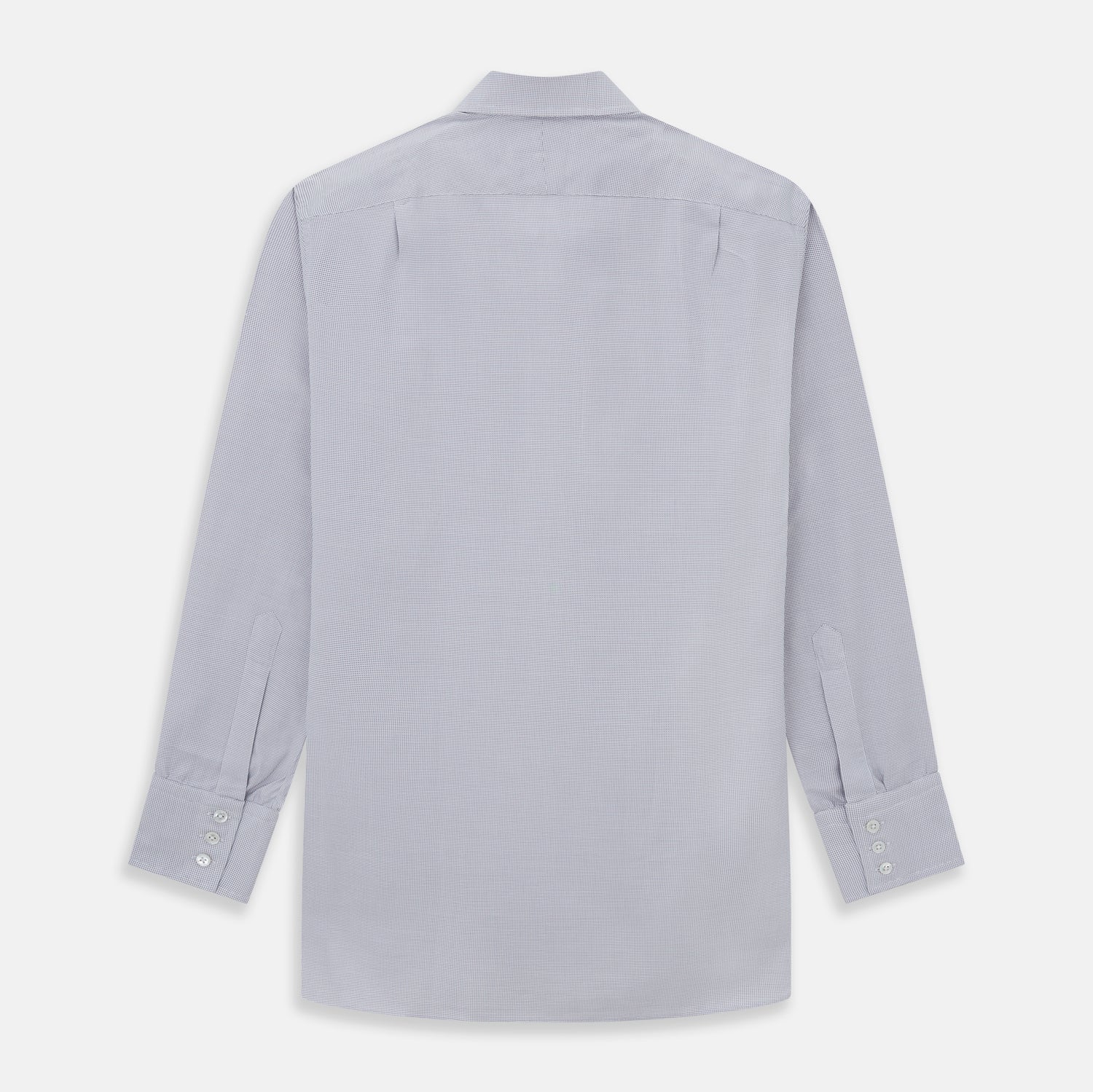 View 4 of product The Turnbull & Asser Silver Multi-Check Cotton Regular Fit Shirt features light gray cotton, a classic collar, buttoned cuffs, and a subtle silver check pattern—an essential for any men's wardrobe, shown flat on a white background.