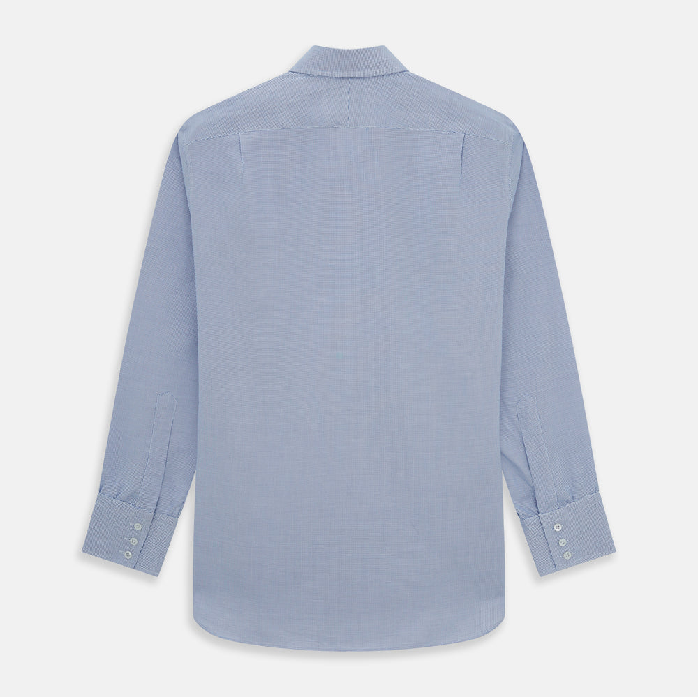 The Turnbull & Asser Navy Multi-Check Cotton Regular Fit Shirt features a classic pointed collar and white buttons—an essential for any men’s wardrobe—shown on a plain white background.