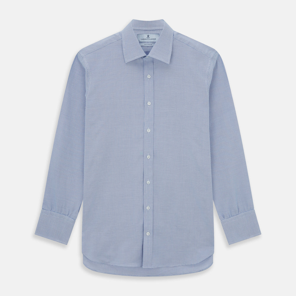 The Turnbull & Asser Navy Multi-Check Cotton Regular Fit Shirt features a classic pointed collar and white buttons—an essential for any men’s wardrobe—shown on a plain white background.