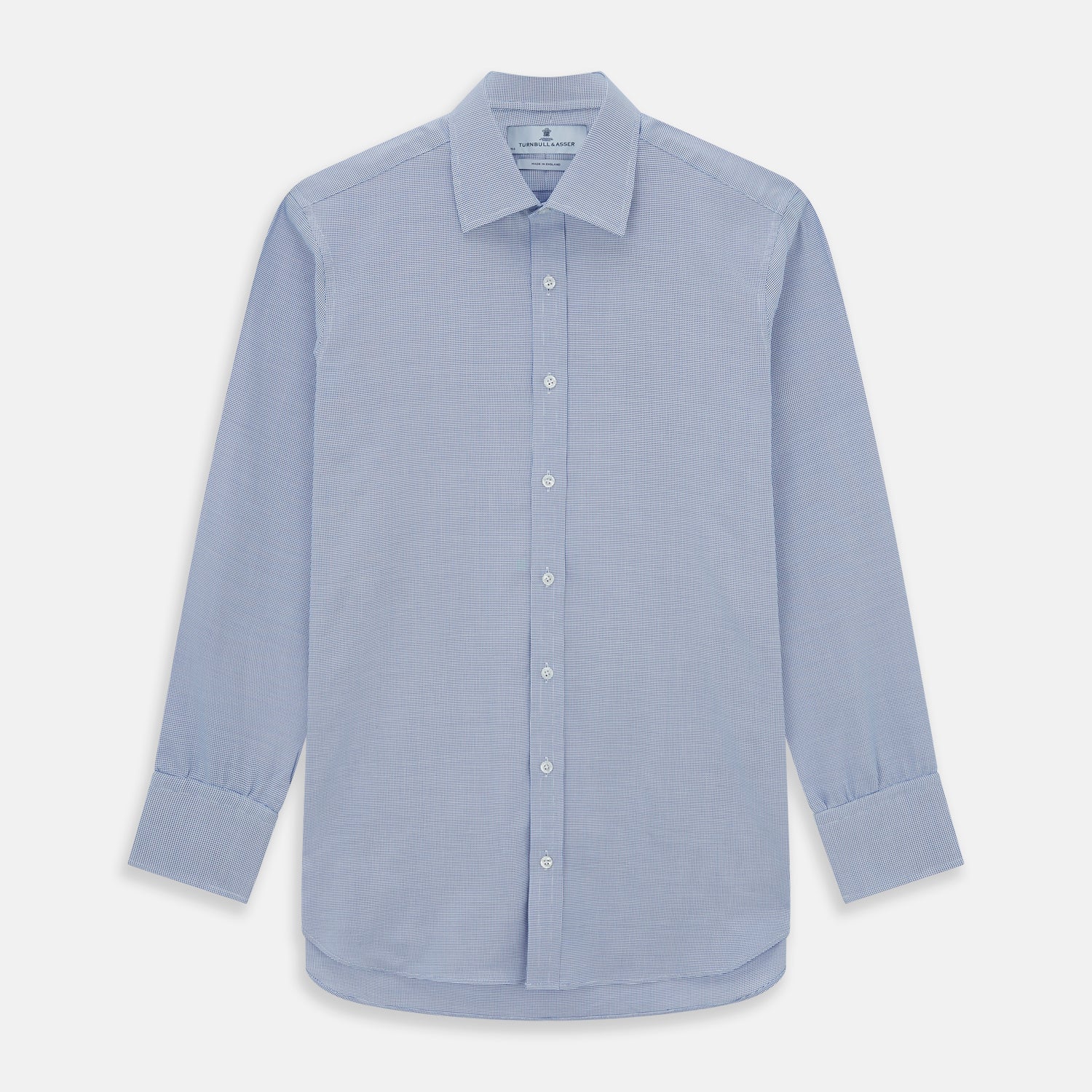 View 1 of product The Turnbull & Asser Navy Multi-Check Cotton Regular Fit Shirt features a classic pointed collar and white buttons—an essential for any men’s wardrobe—shown on a plain white background.