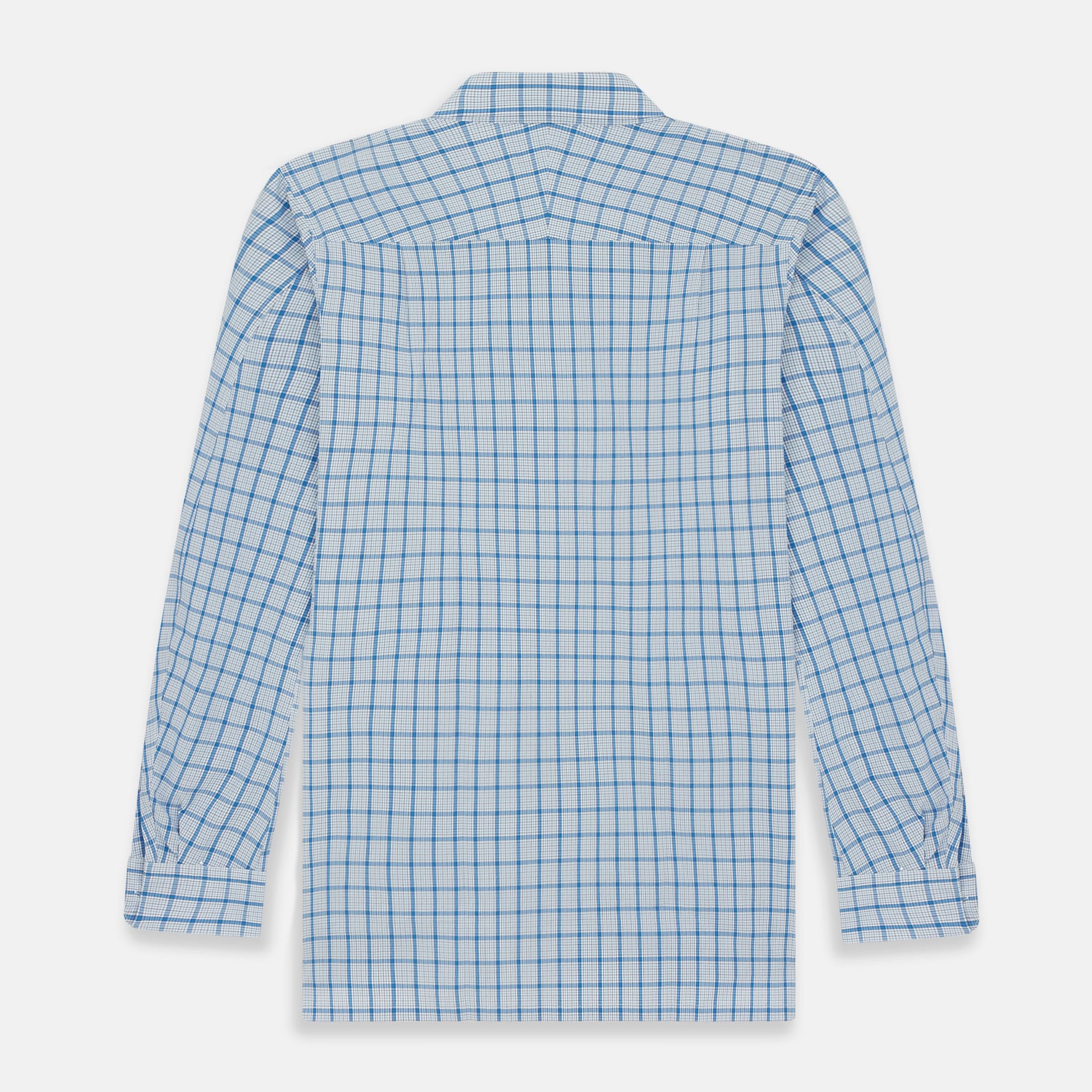 View 6 of product The Turnbull & Asser Blue Graph Overlay Check Piccadilly Shirt is a breathable cotton button-up featuring a collar, two chest pockets, white buttons, and an elegant blue graph check—perfect for the holidays.
