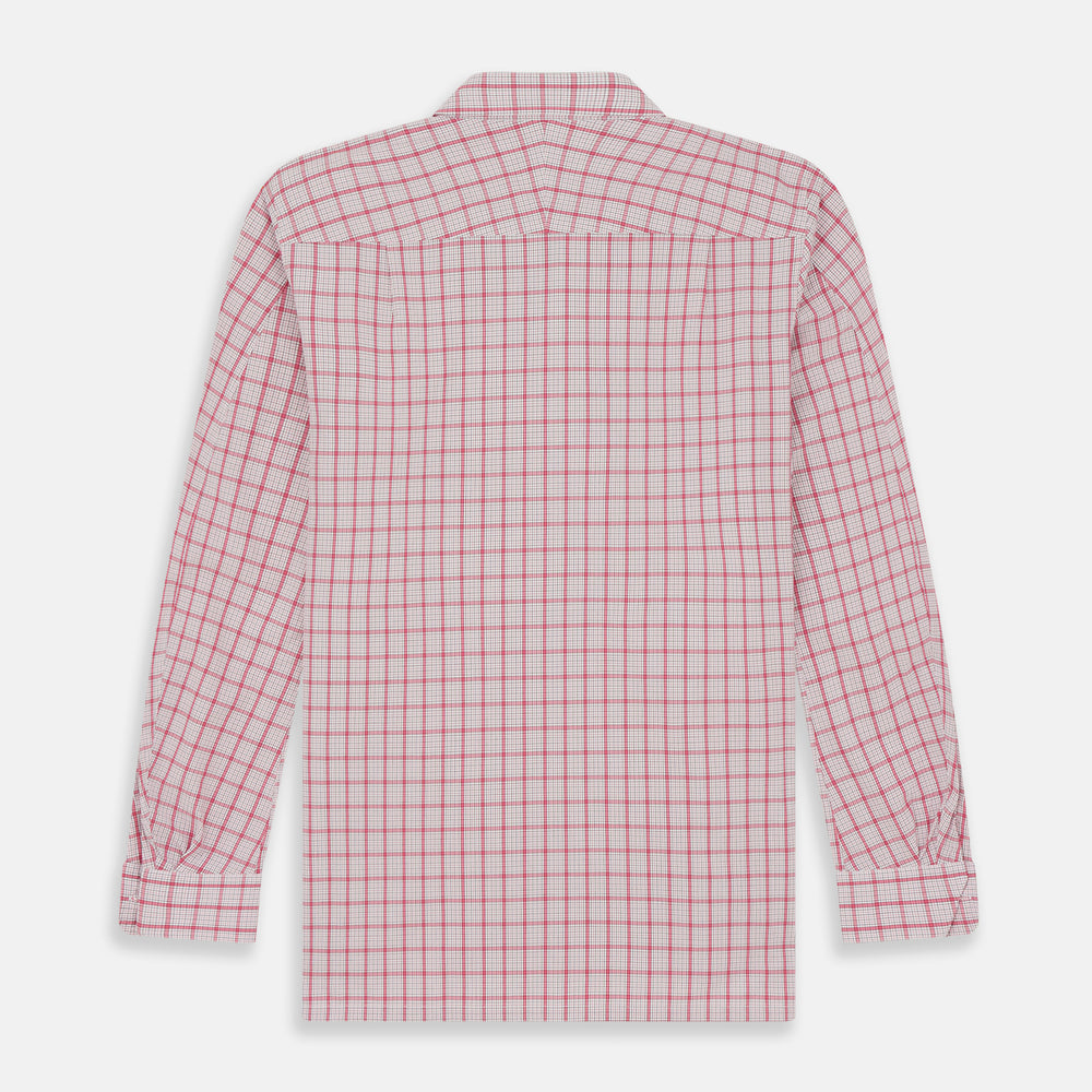 The Pink Graph Overlay Check Piccadilly Shirt by Turnbull & Asser features long sleeves, a button-up front, collar, and chest pockets—a stylish cotton option in a red and white check pattern for the holidays.