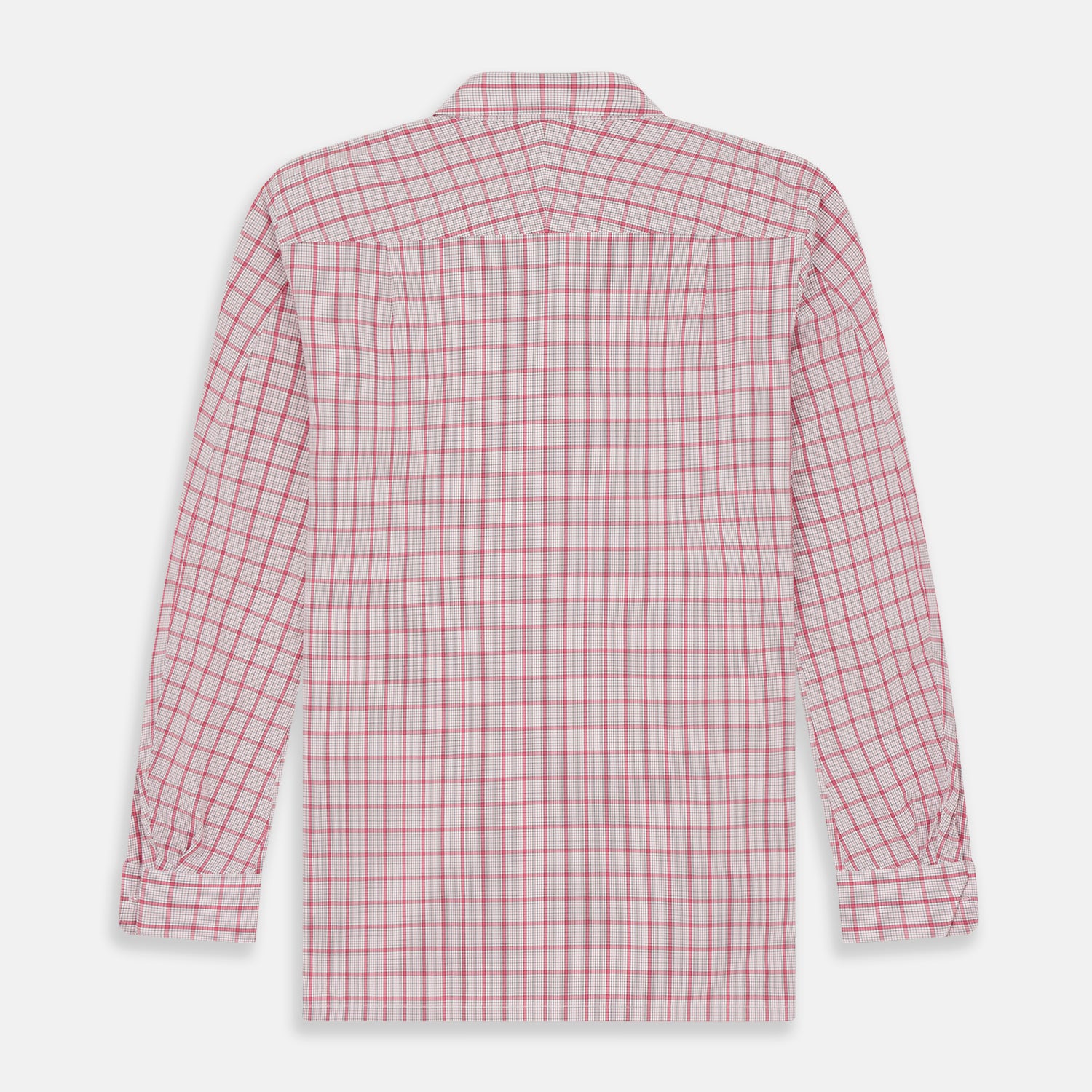 View 6 of product The Pink Graph Overlay Check Piccadilly Shirt by Turnbull & Asser features long sleeves, a button-up front, collar, and chest pockets—a stylish cotton option in a red and white check pattern for the holidays.