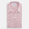 View 5 of product The Pink Graph Overlay Check Piccadilly Shirt by Turnbull & Asser features long sleeves, a button-up front, collar, and chest pockets—a stylish cotton option in a red and white check pattern for the holidays.