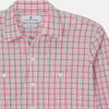 View 4 of product The Pink Graph Overlay Check Piccadilly Shirt by Turnbull & Asser features long sleeves, a button-up front, collar, and chest pockets—a stylish cotton option in a red and white check pattern for the holidays.