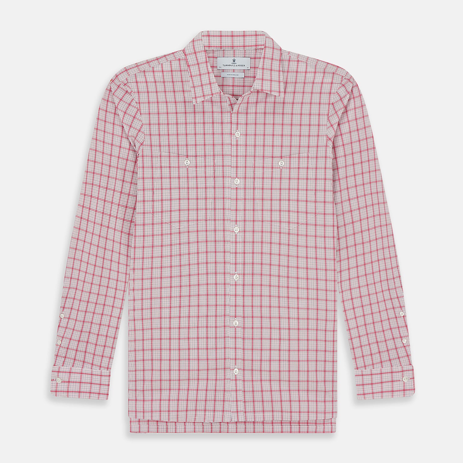 View 1 of product The Pink Graph Overlay Check Piccadilly Shirt by Turnbull & Asser features long sleeves, a button-up front, collar, and chest pockets—a stylish cotton option in a red and white check pattern for the holidays.