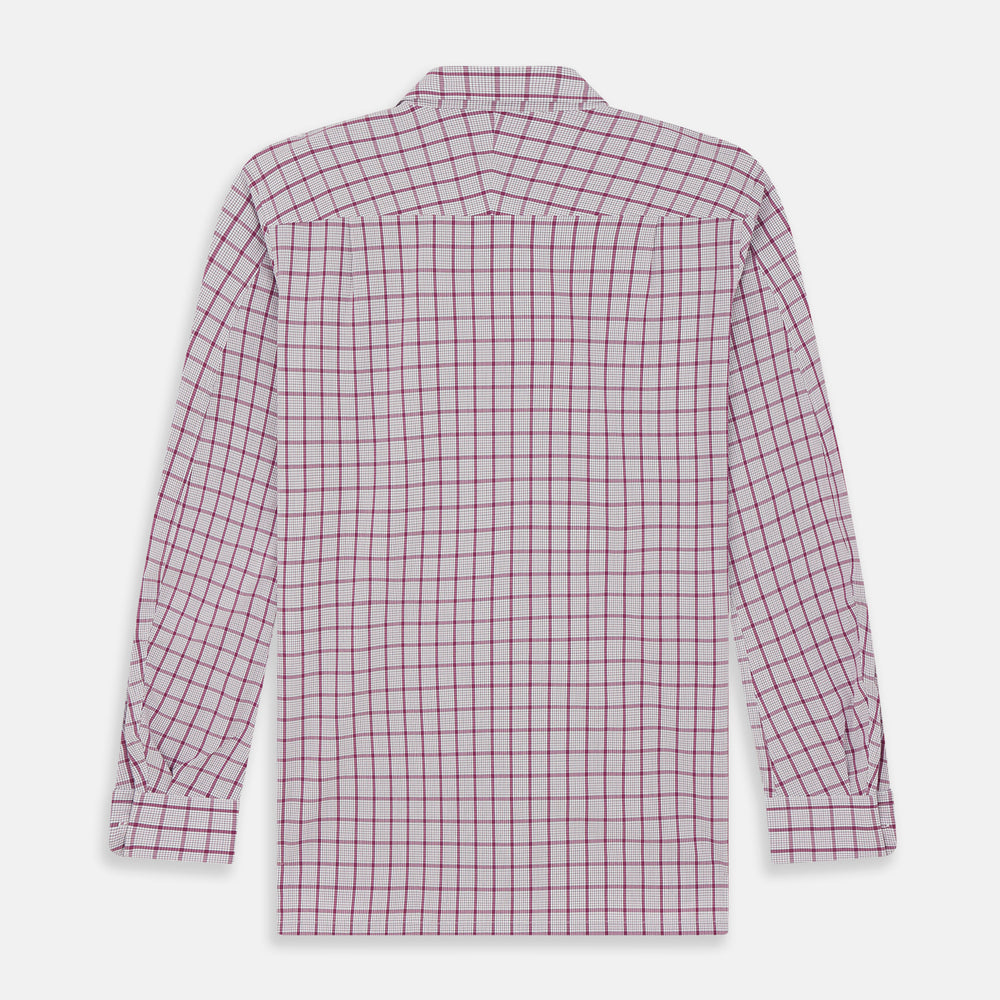 The Turnbull & Asser Purple Graph Overlay Check Piccadilly Shirt, a long-sleeve cotton button-up with two buttoned chest pockets, is neatly laid flat on a plain white background.