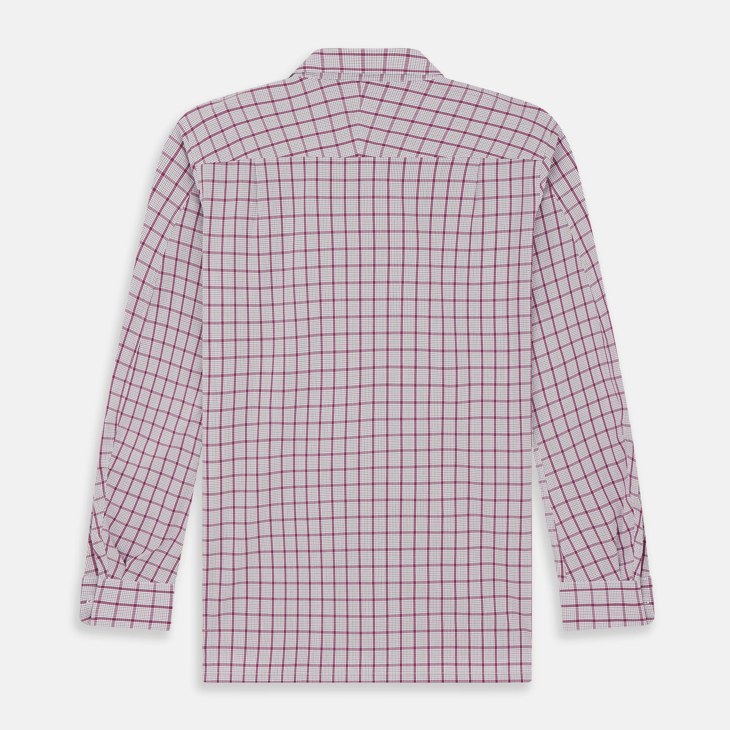 View 6 of product The Turnbull & Asser Purple Graph Overlay Check Piccadilly Shirt, a long-sleeve cotton button-up with two buttoned chest pockets, is neatly laid flat on a plain white background.