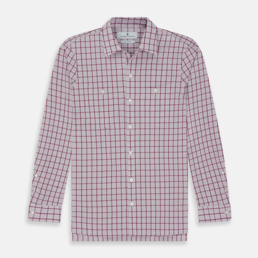 The Turnbull & Asser Purple Graph Overlay Check Piccadilly Shirt, a long-sleeve cotton button-up with two buttoned chest pockets, is neatly laid flat on a plain white background.