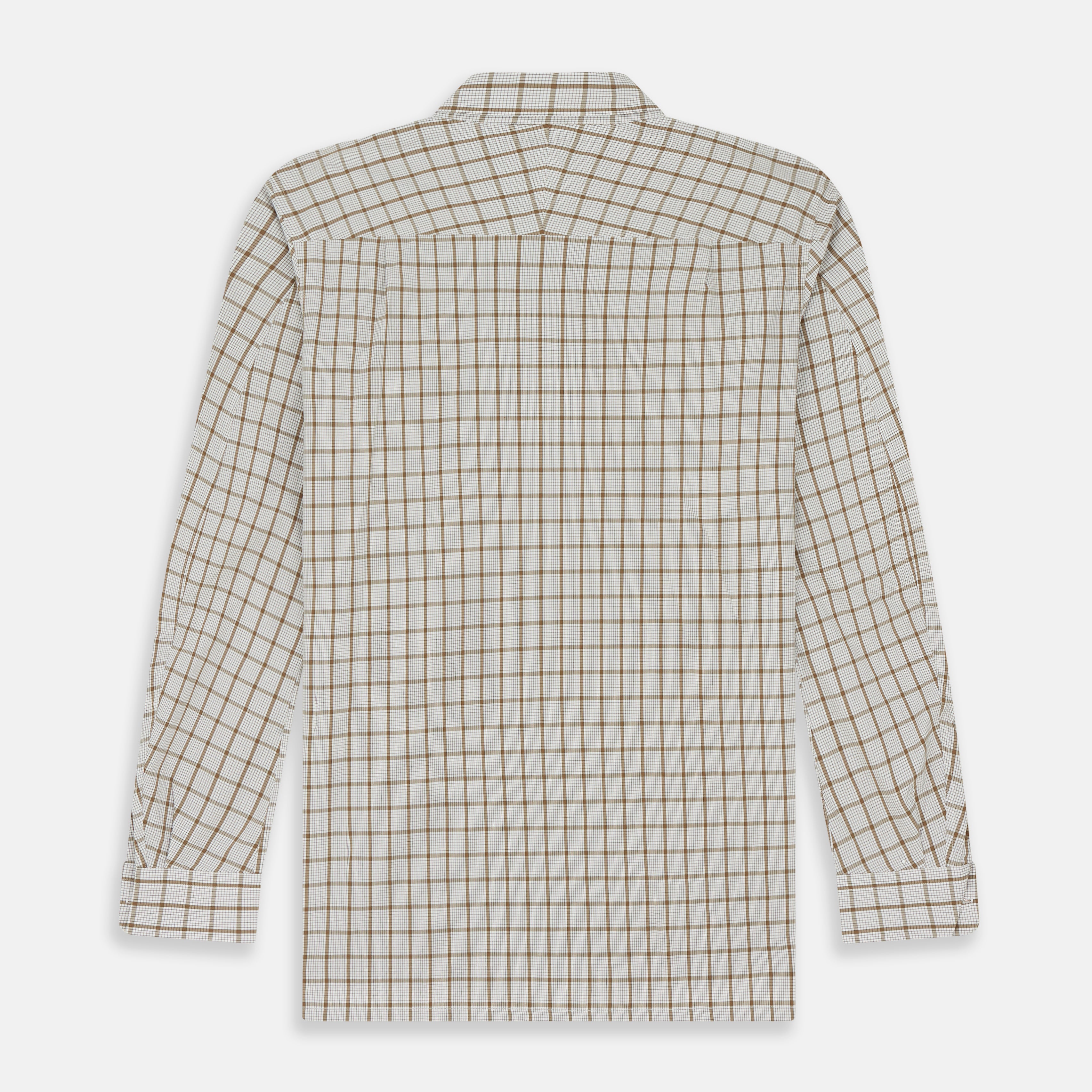 View 6 of product The Turnbull & Asser Brown Graph Overlay Check Piccadilly Shirt is a breathable cotton long-sleeve button-up with two chest pockets, in a beige and brown check pattern—ideal as your holiday fit shirt.