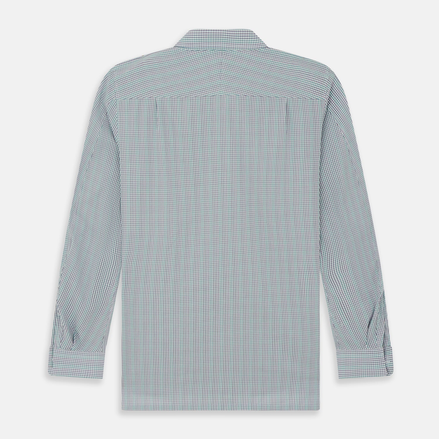View 6 of product The Turnbull & Asser Green Graph Overlay Micro Check Piccadilly Shirt is a breathable cotton, long-sleeve button-up featuring a green micro check in light blue and white, two chest pockets with buttoned flaps, and white buttons.