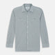 The Turnbull & Asser Green Graph Overlay Micro Check Piccadilly Shirt is a breathable cotton, long-sleeve button-up featuring a green micro check in light blue and white, two chest pockets with buttoned flaps, and white buttons.