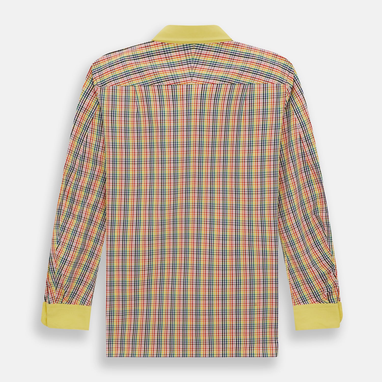 View 5 of product The Portobello Shirt by Turnbull & Asser is a long-sleeve, button-up with a vibrant red, blue, yellow, and green check pattern and a solid yellow collar—ideal for a market-inspired holiday look.