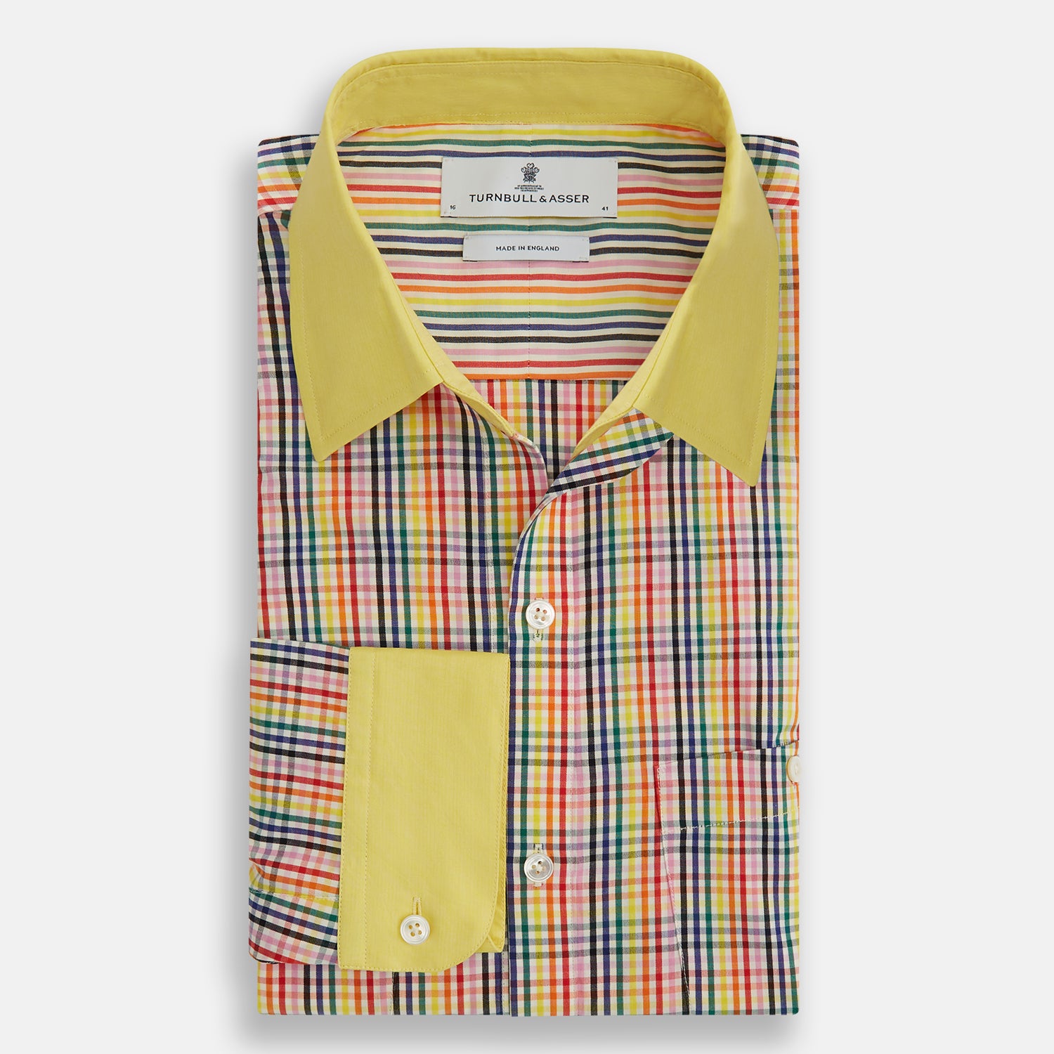 View 4 of product The Portobello Shirt by Turnbull & Asser is a long-sleeve, button-up with a vibrant red, blue, yellow, and green check pattern and a solid yellow collar—ideal for a market-inspired holiday look.