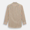 View 5 of product The MULTICOLOURED FELICIANO MAYFAIR SHIRT by Turnbull & Asser features vertical red, yellow, green, and blue stripes on white, a classic T&A collar, buttoned cuffs, and a rounded hem for timeless British style.