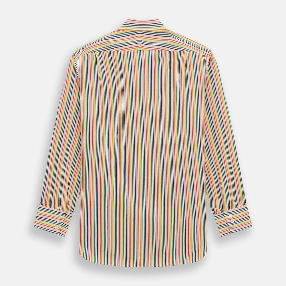 The MULTICOLOURED FELICIANO MAYFAIR SHIRT by Turnbull & Asser features vertical red, yellow, green, and blue stripes on white, a classic T&A collar, buttoned cuffs, and a rounded hem for timeless British style.