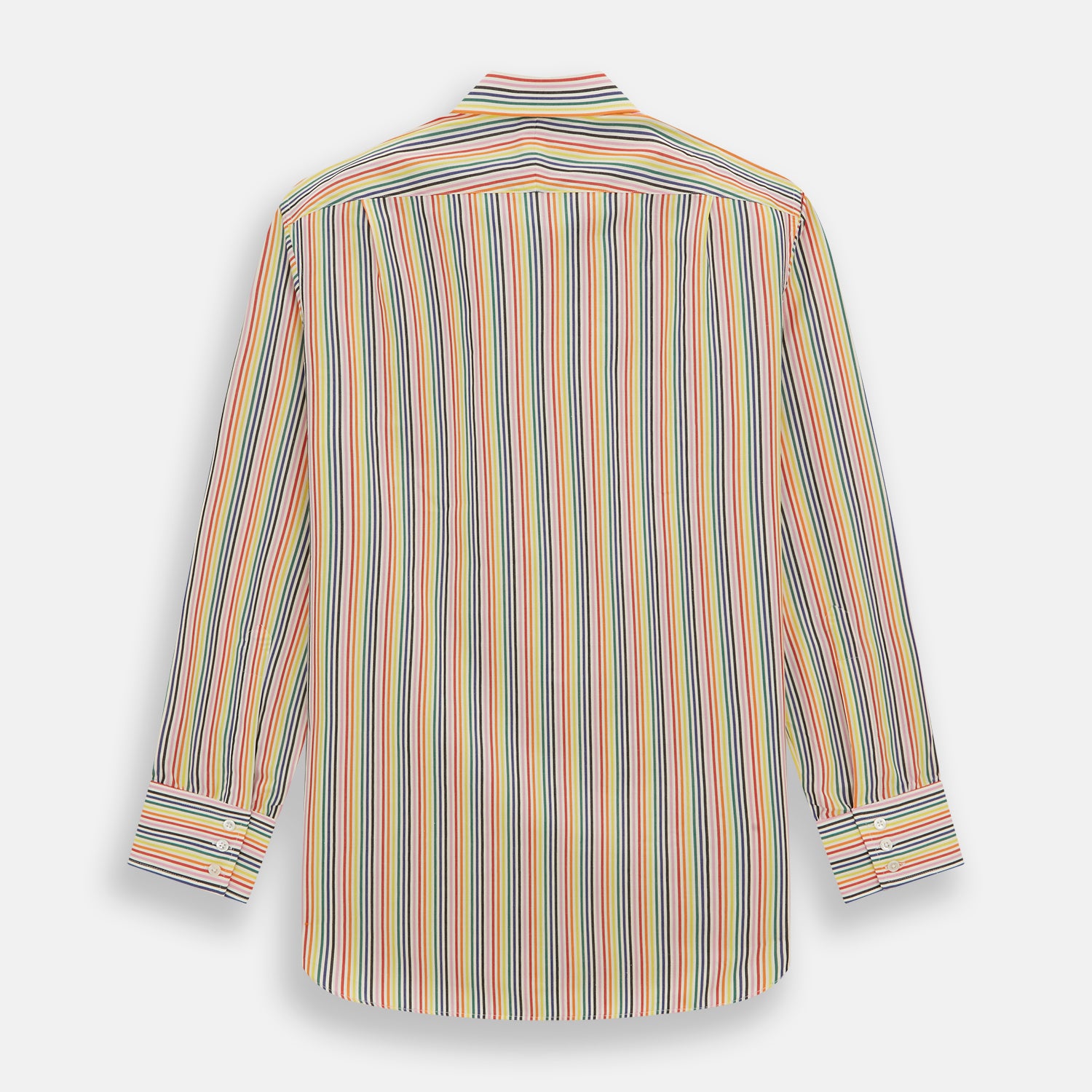 View 5 of product The MULTICOLOURED FELICIANO MAYFAIR SHIRT by Turnbull & Asser features vertical red, yellow, green, and blue stripes on white, a classic T&A collar, buttoned cuffs, and a rounded hem for timeless British style.