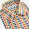 View 2 of product The MULTICOLOURED FELICIANO MAYFAIR SHIRT by Turnbull & Asser features vertical red, yellow, green, and blue stripes on white, a classic T&A collar, buttoned cuffs, and a rounded hem for timeless British style.