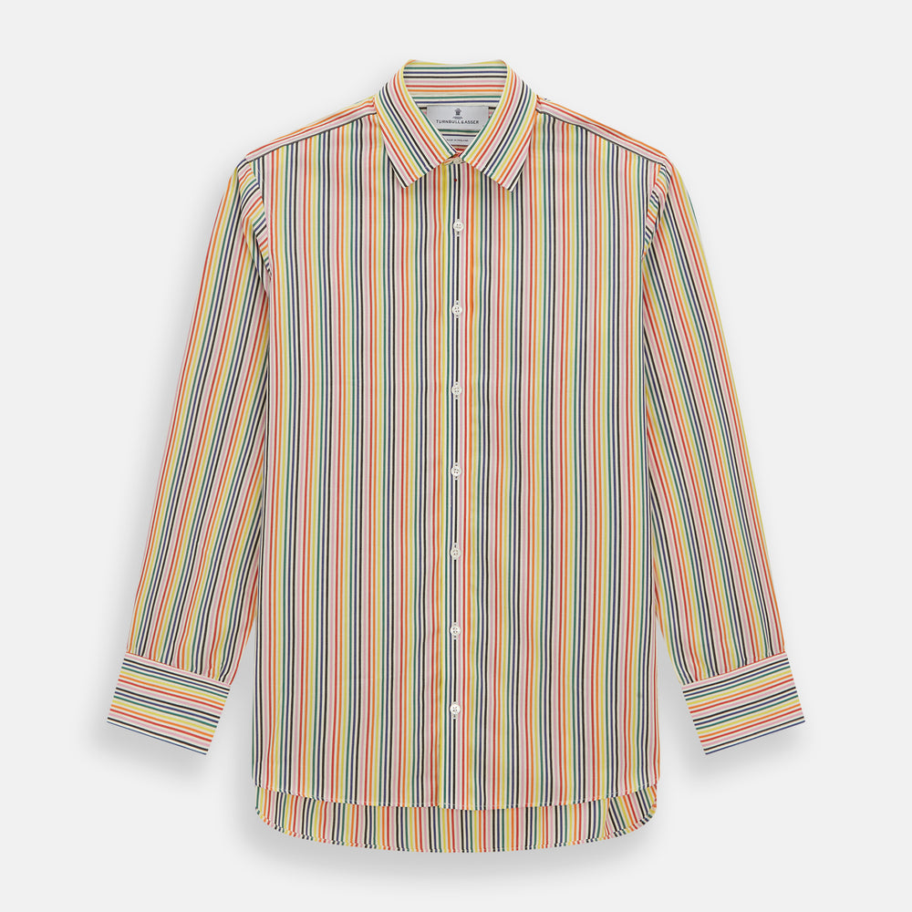 The MULTICOLOURED FELICIANO MAYFAIR SHIRT by Turnbull & Asser features vertical red, yellow, green, and blue stripes on white, a classic T&A collar, buttoned cuffs, and a rounded hem for timeless British style.
