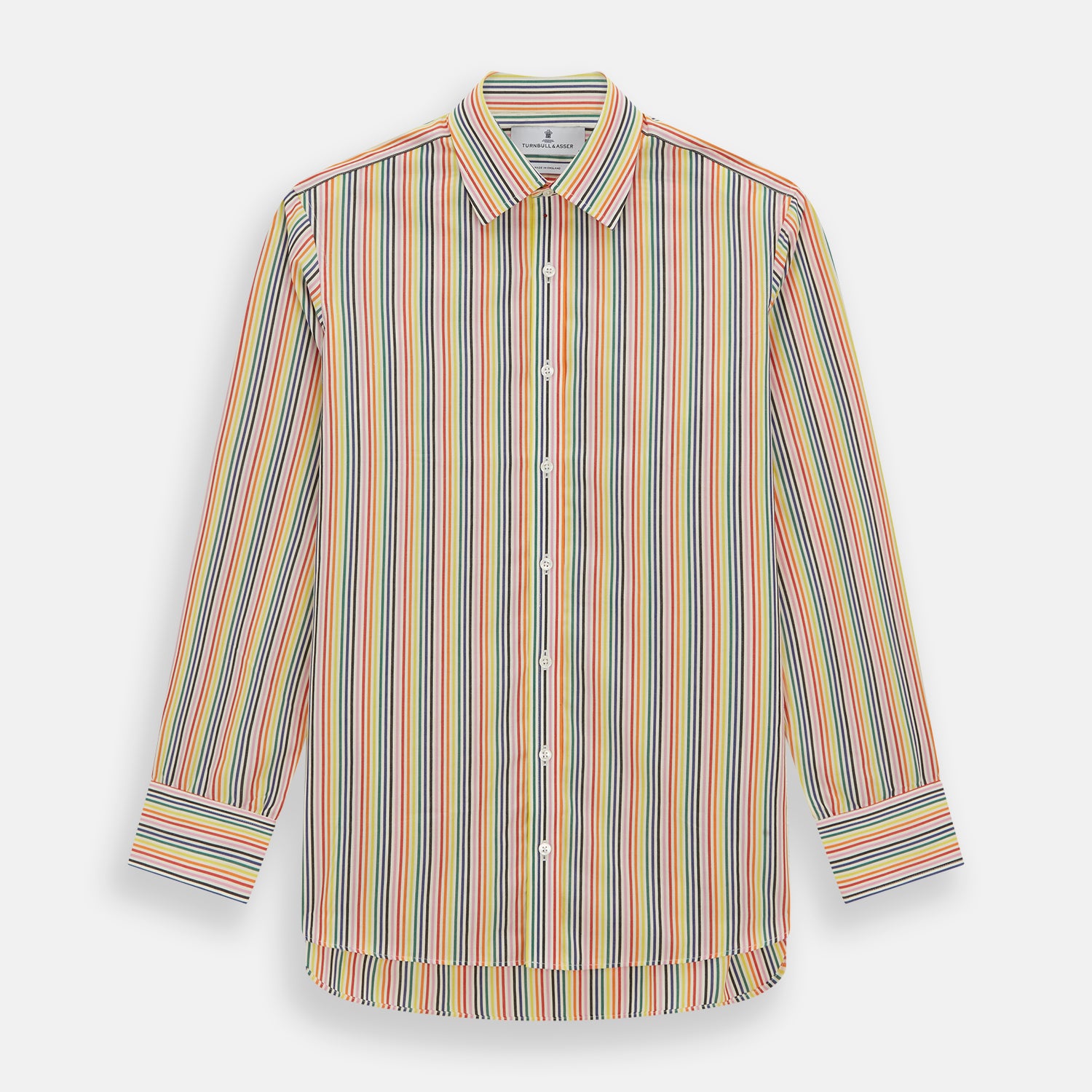 View 1 of product The MULTICOLOURED FELICIANO MAYFAIR SHIRT by Turnbull & Asser features vertical red, yellow, green, and blue stripes on white, a classic T&A collar, buttoned cuffs, and a rounded hem for timeless British style.