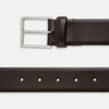 View 2 of product The Turnbull & Asser Dark Brown Nubuck Leather Evening Belt, featuring a silver rectangular buckle, is coiled neatly on a white background.