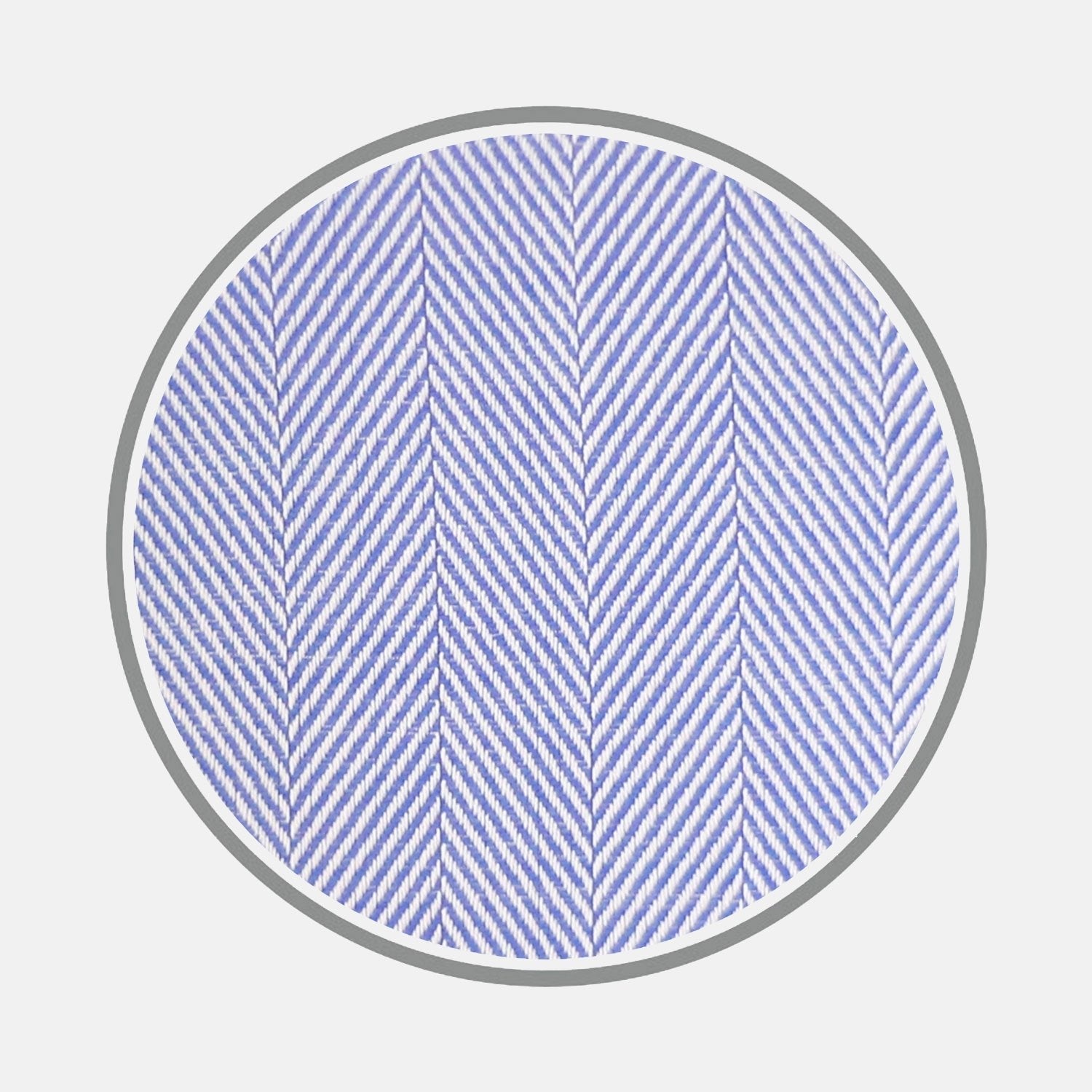 View 1 of product Close-up of BESPOKE FABRIC 0010 06 by Turnbull & Asser: a light blue and white herringbone pattern shown in a circular frame, ideal for custom shirts or distinctive monogram styles. Displayed against a plain white background.