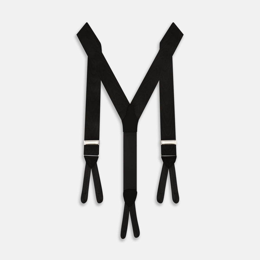 Black Adjustable Formal Braces as seen on Le Chiffre in black moire with silver metal hardware and leather ends.
