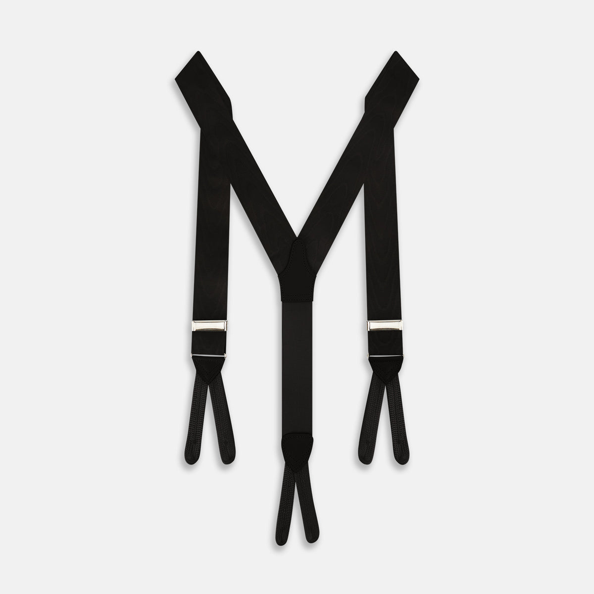 View 1 of product Black Adjustable Formal Braces as seen on Le Chiffre in black moire with silver metal hardware and leather ends.