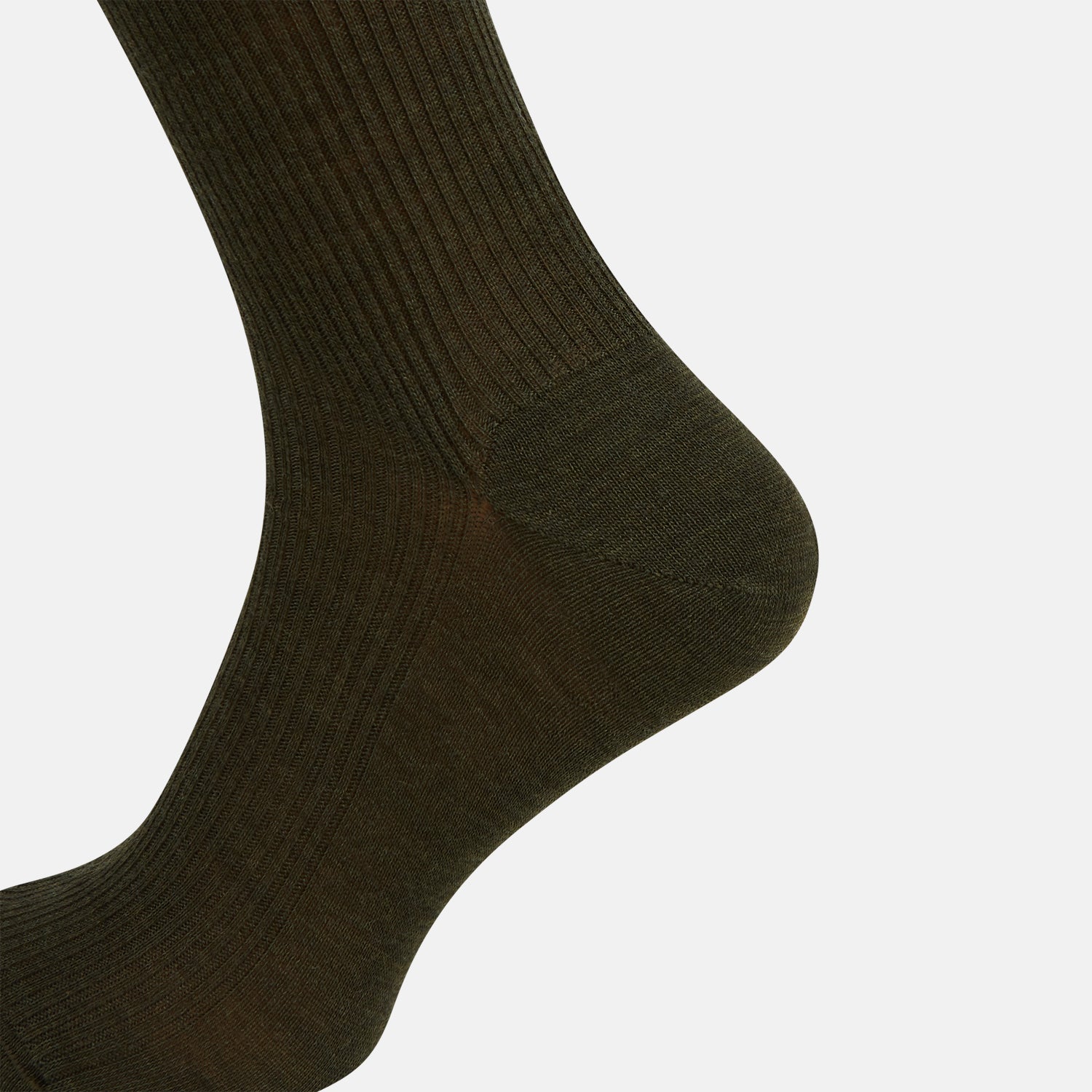 View 4 of product A Moss Green Mid-Length Merino Sock from Turnbull & Asser is shown upright on a plain white background, highlighting its ribbed texture and length with a gently curved foot.