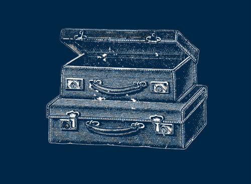 A vintage-style drawing of two stacked suitcases; the top suitcase is slightly open and resting on the closed one below. The illustration is white on a dark blue background.