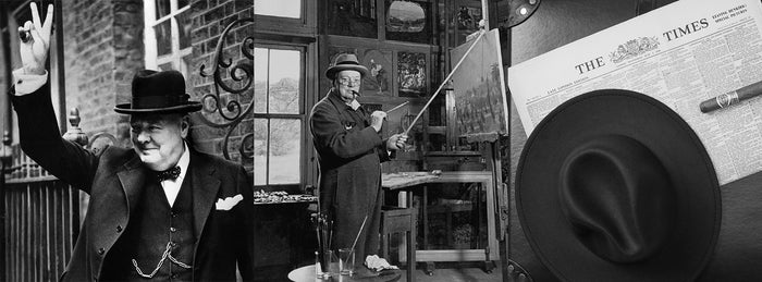 A collage features Winston Churchill giving a V-sign, Churchill painting at an easel, and a hat, cigar, and The Times newspaper on a table.