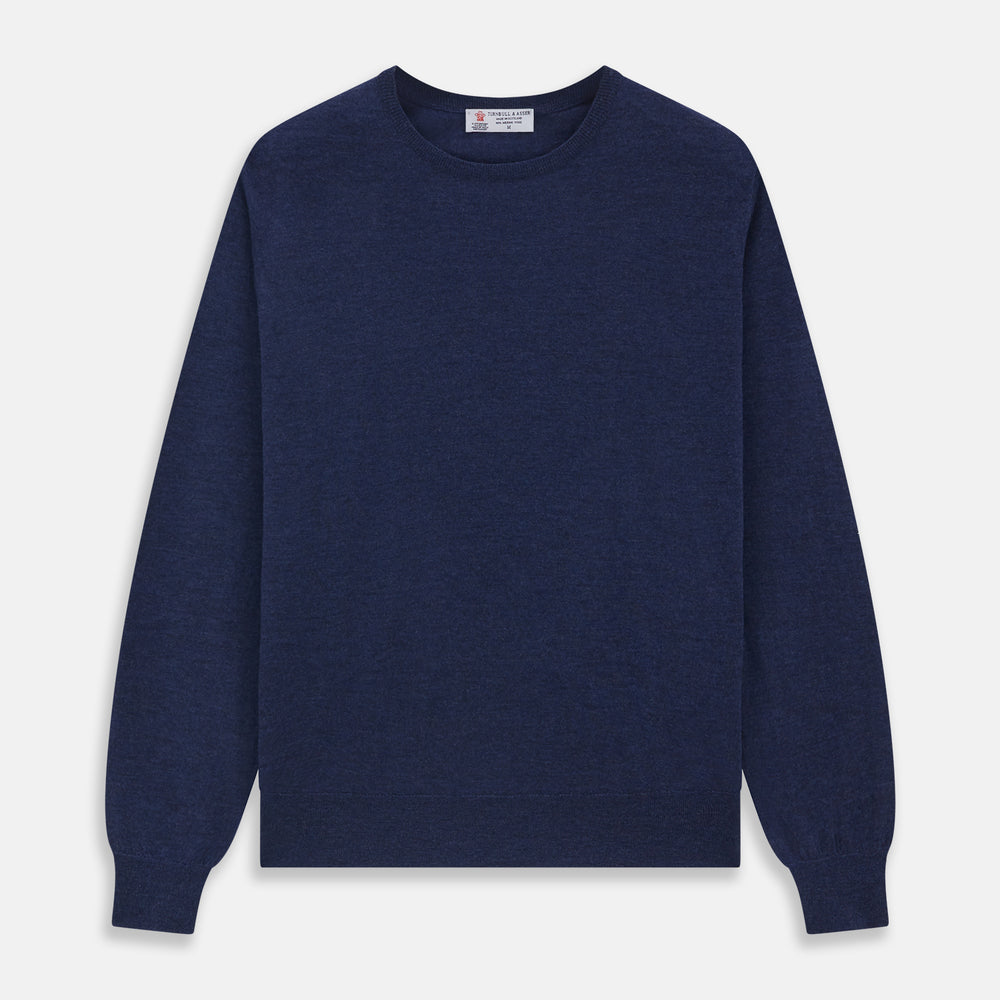 The Blue Crew Neck Merino Wool Jumper by Turnbull & Asser—a classic, long-sleeved staple with ribbed cuffs and hem—lies flat against a white background.
