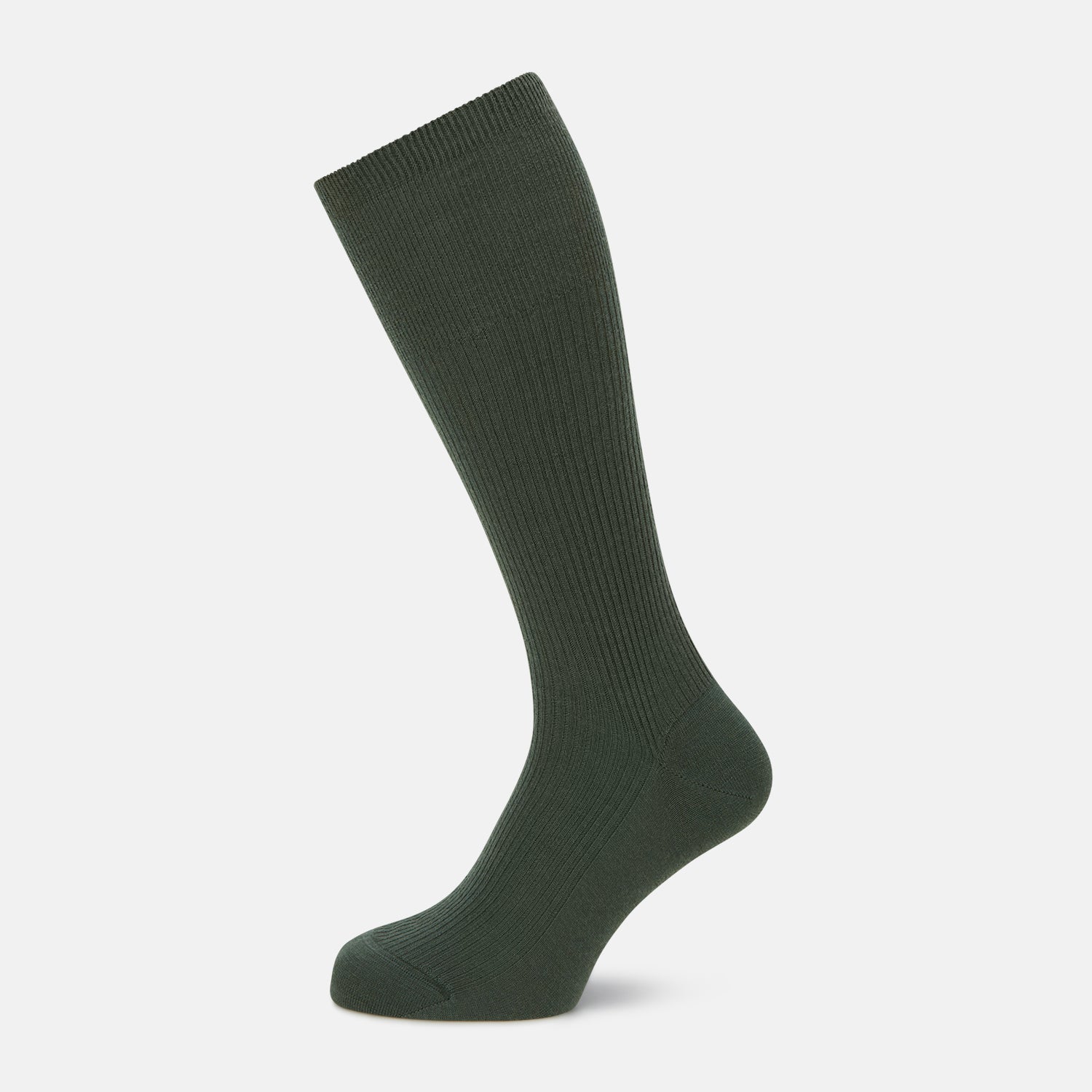 View 1 of product A single Fern Green Mid-Length Merino Sock by Turnbull & Asser, featuring a ribbed texture, is displayed on a plain white background at a slight angle to highlight its premium wool fabric, shape, and length.