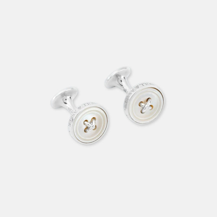 Monogrammed White Sterling Silver Mother-of-Pearl Button Cufflinks