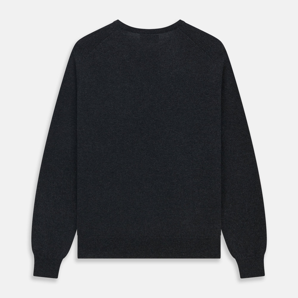 The Turnbull & Asser Charcoal V-Neck Cashmere Jumper, featuring long sleeves, is displayed flat on a white background.