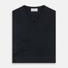 View 3 of product The Turnbull & Asser Charcoal V-Neck Cashmere Jumper, featuring long sleeves, is displayed flat on a white background.